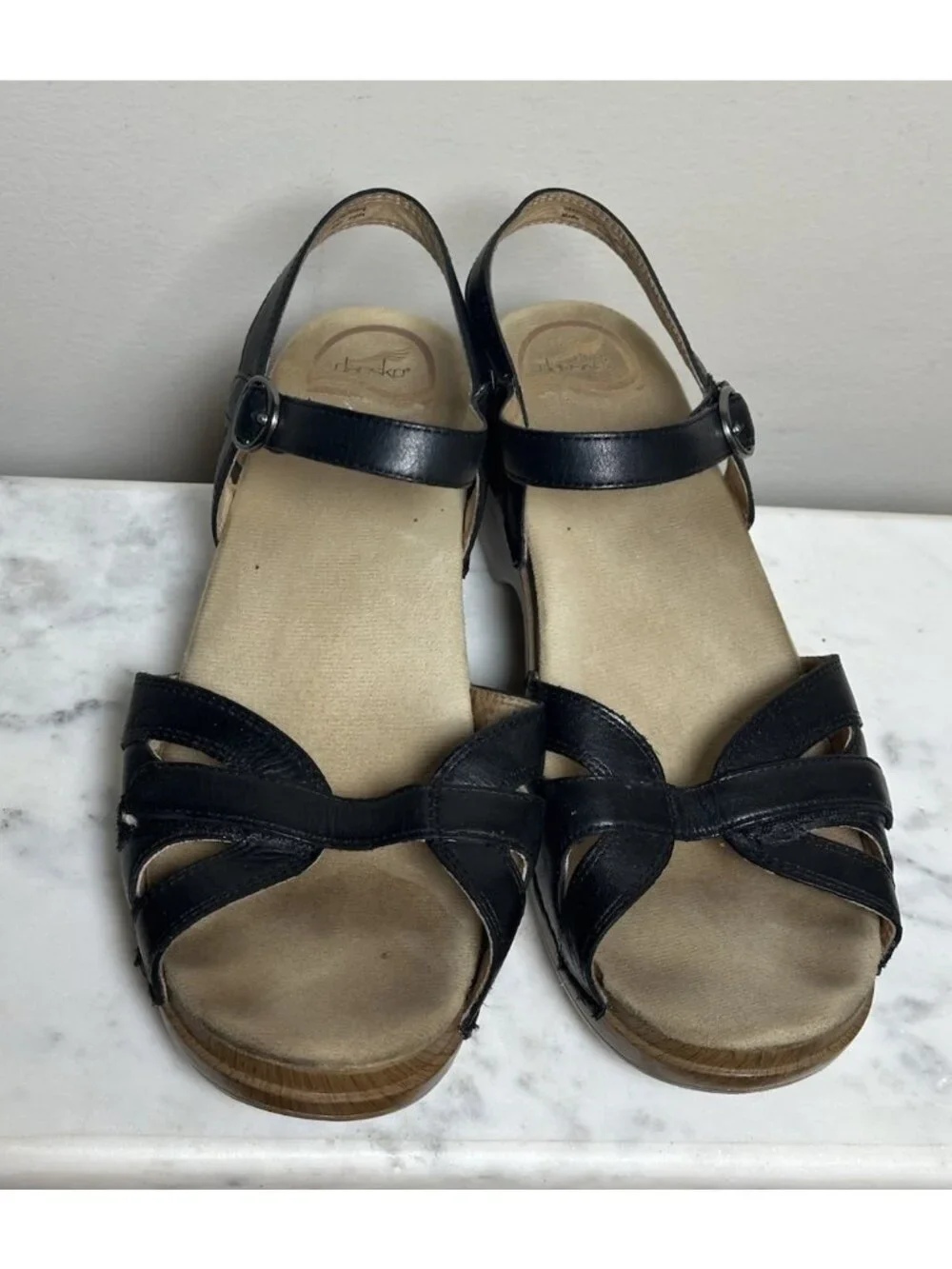 Women’s DANSKO Season Black Full Grain Leather Clog Strappy Sandals Heels Sz 39
